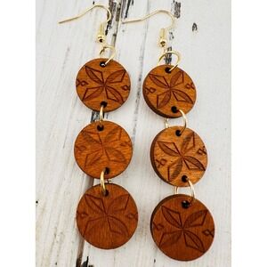 Wood Stained Triple Sand Dollar Earrings on Gold Plated Ear Wires